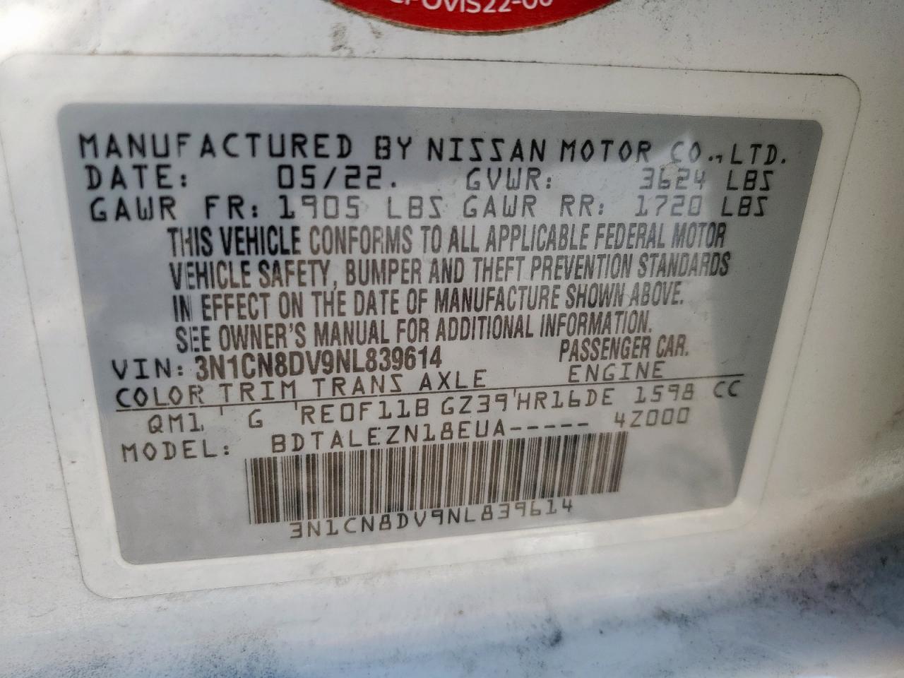 2022 Nissan Versa S VIN: 3N1CN8DV9NL839614 Lot: 71166375