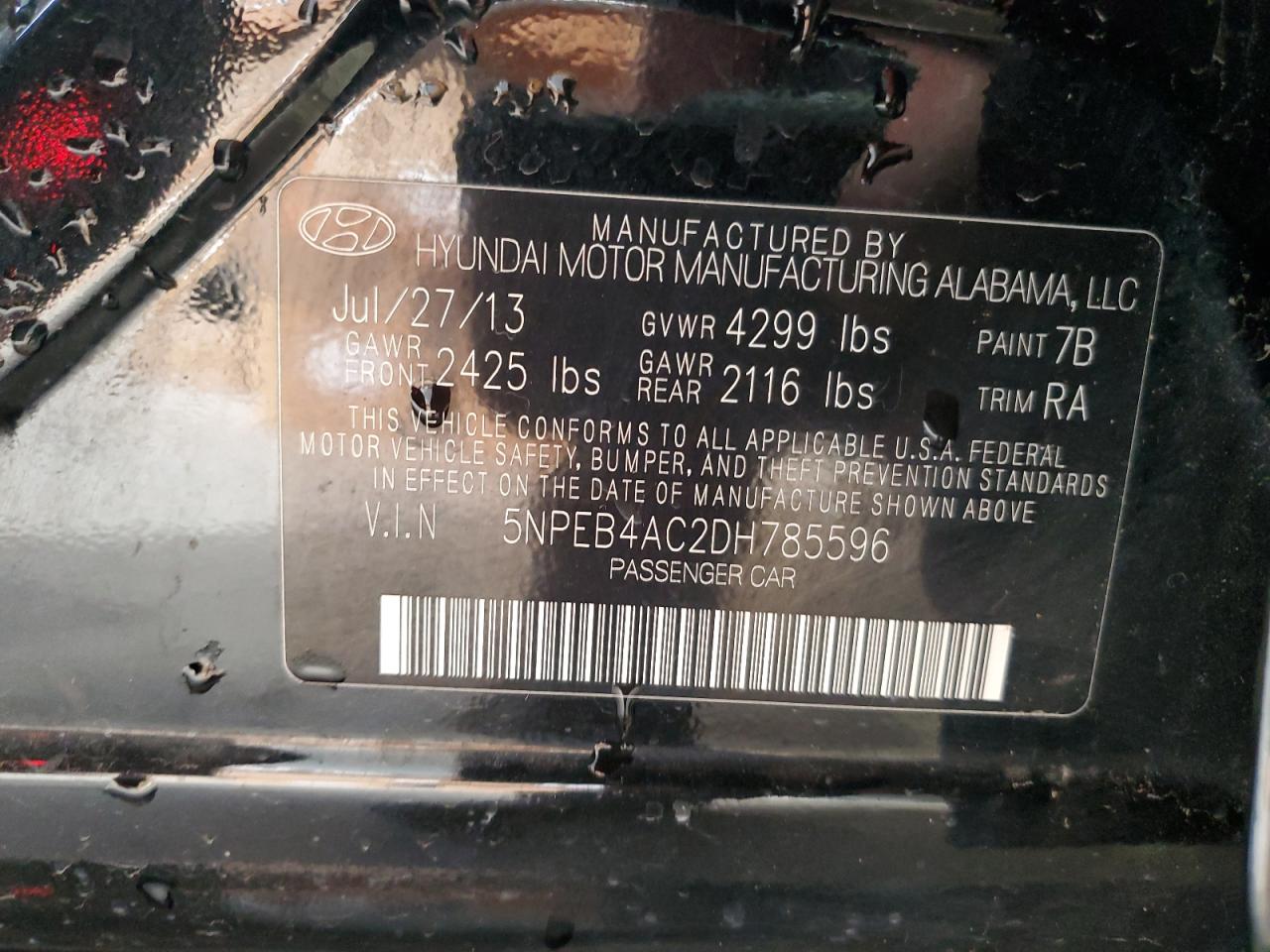 2013 Hyundai Sonata Gls VIN: 5NPEB4AC2DH785596 Lot: 81829155