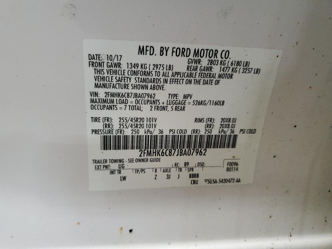 2018 Ford Flex Sel VIN: 2FMHK6C87JBA07962 Lot: 80207685