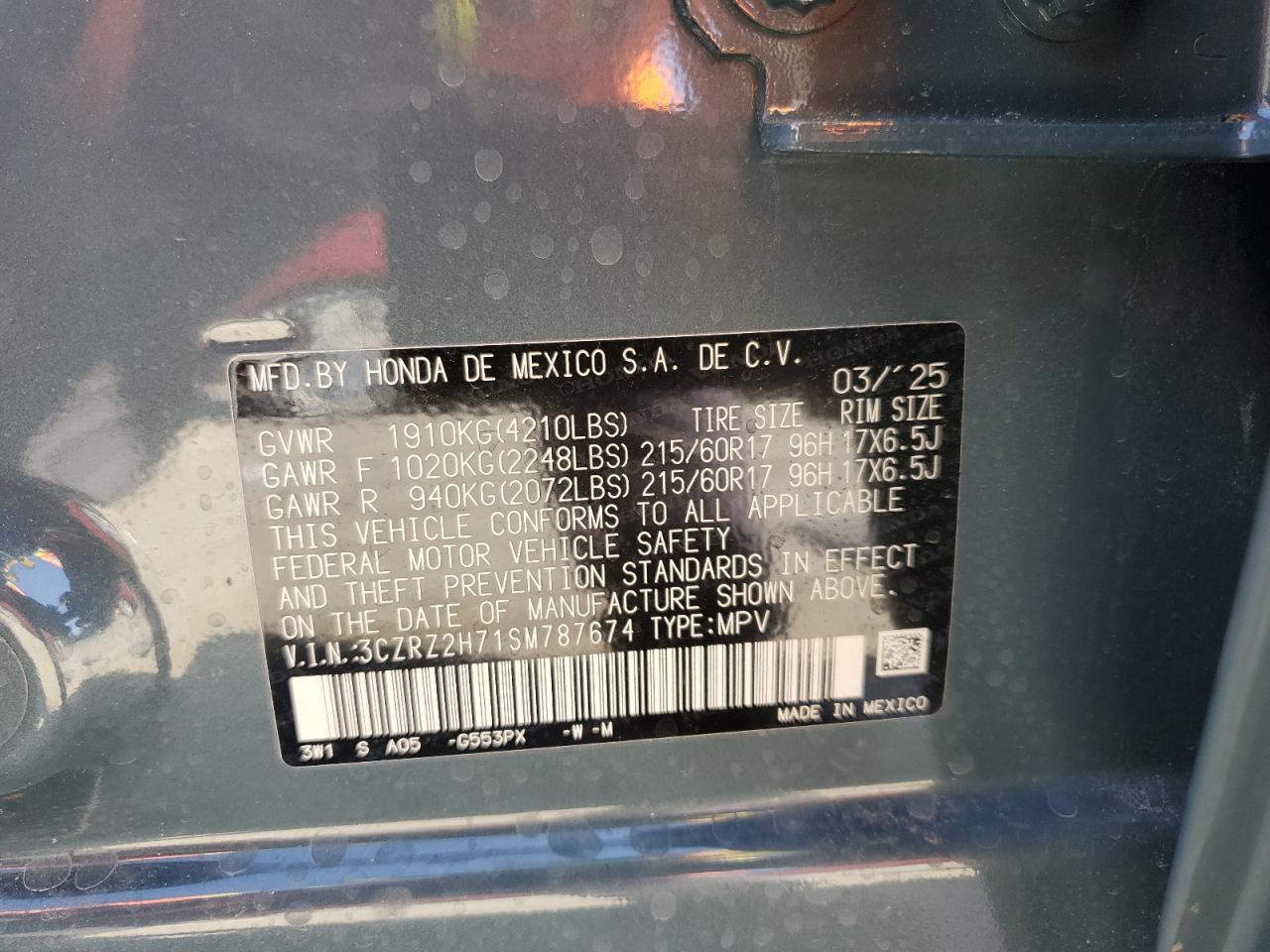 2025 Honda Hr-V Exl VIN: 3CZRZ2H71SM787674 Lot: 80317695