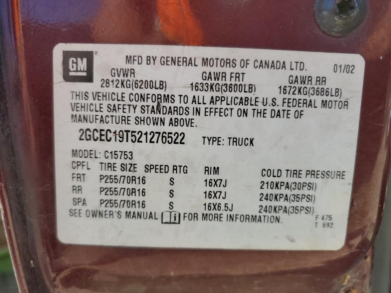 2002 Chevrolet Silverado C1500 VIN: 2GCEC19T521276522 Lot: 81957635