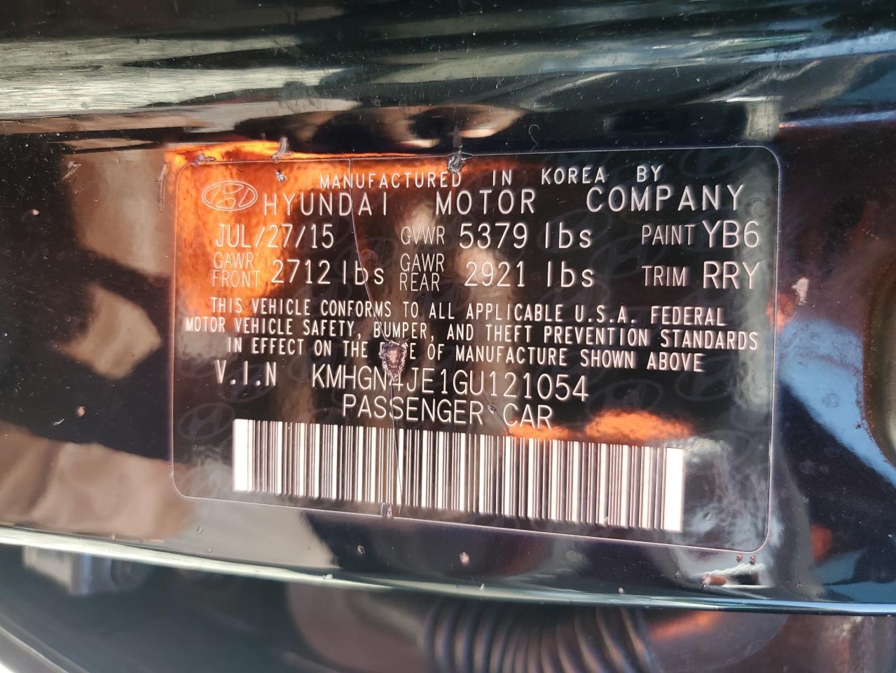 2016 Hyundai Genesis 3.8L VIN: KMHGN4JE1GU121054 Lot: 67601165