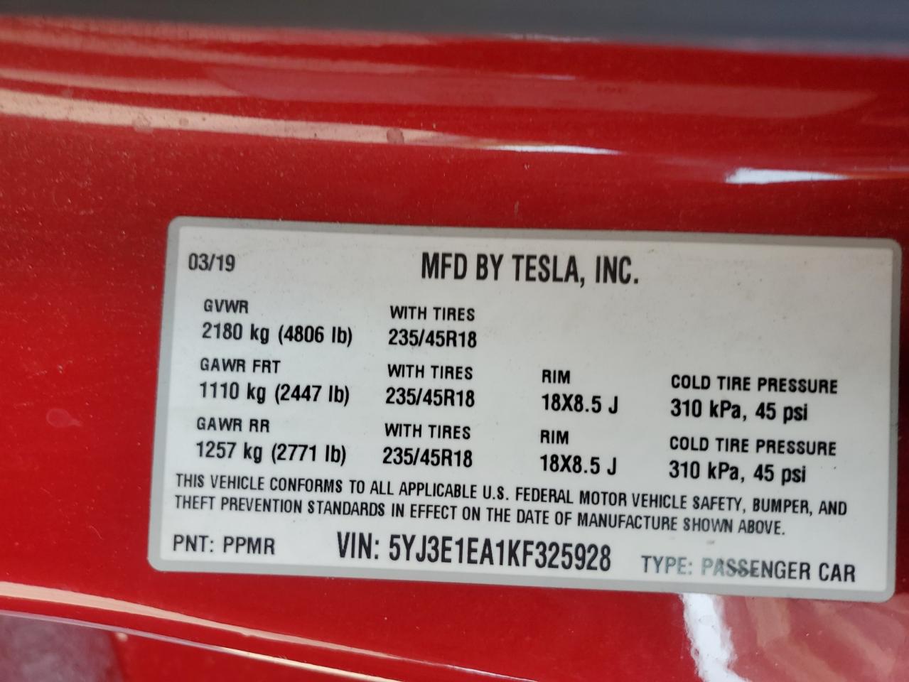 2019 Tesla Model 3 VIN: 5YJ3E1EA1KF325928 Lot: 71476695