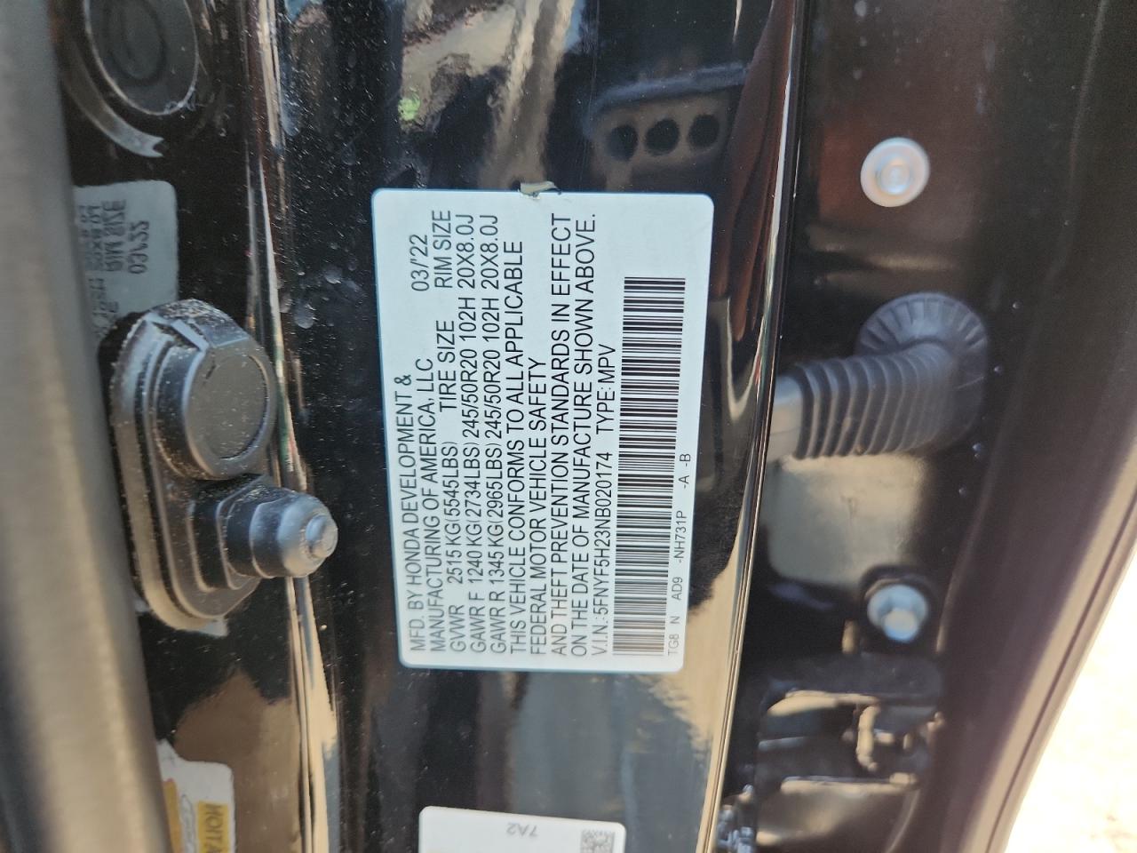 2022 Honda Pilot Se VIN: 5FNYF5H23NB020174 Lot: 81095185