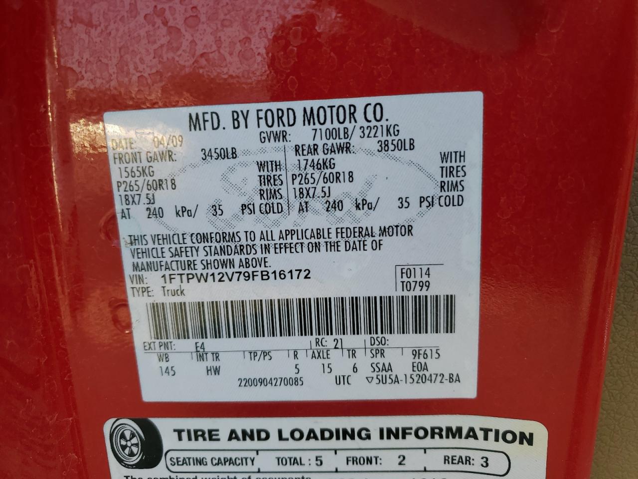 2009 Ford F150 Supercrew VIN: 1FTPW12V79FB16172 Lot: 81084985