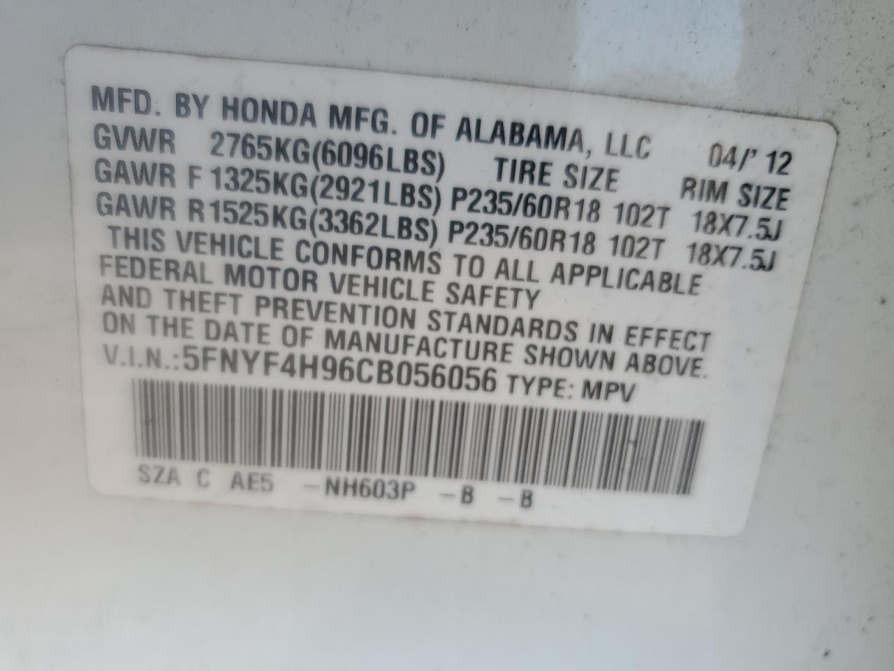 2012 Honda Pilot Touring VIN: 5FNYF4H96CB056056 Lot: 80855005