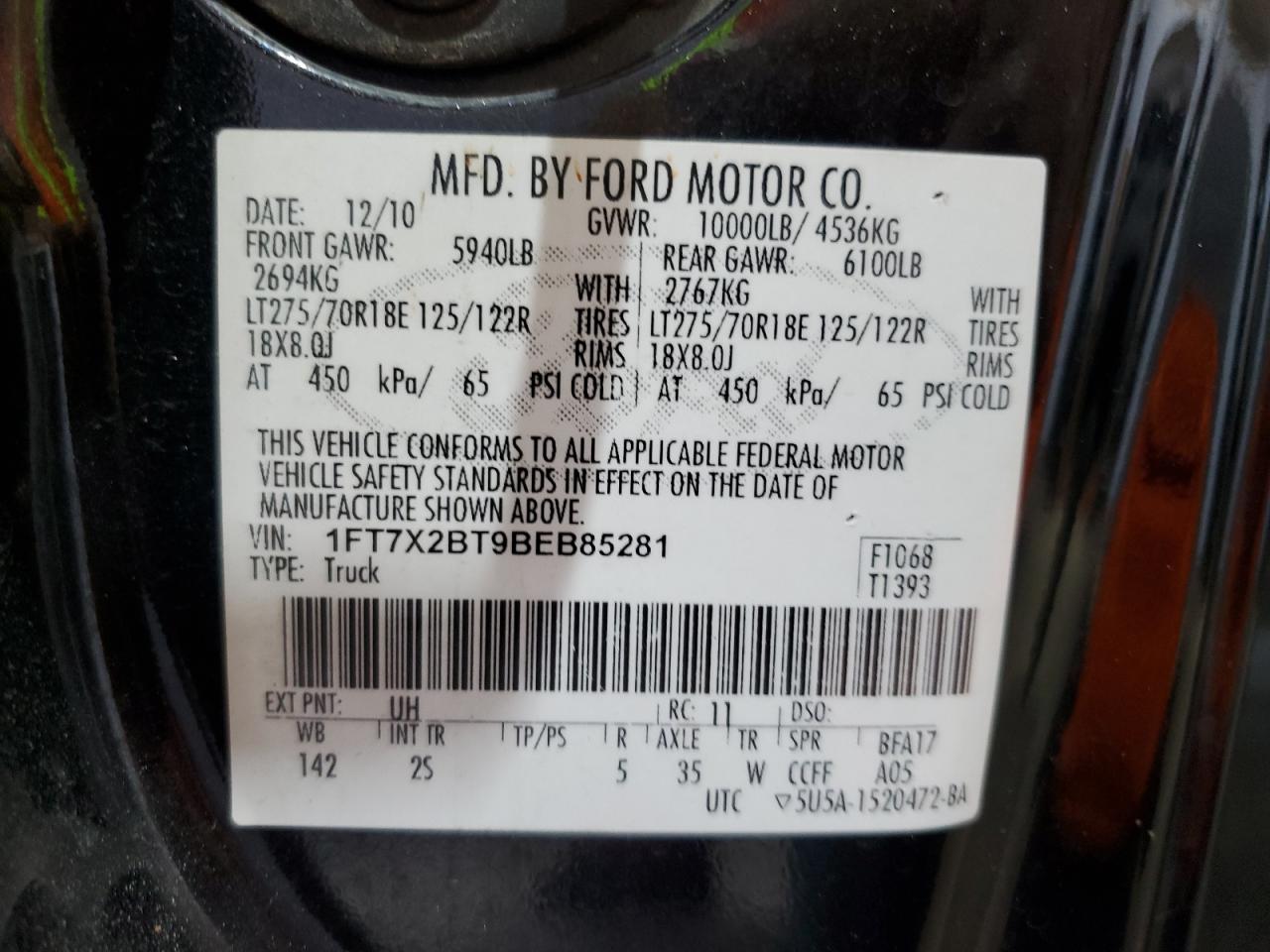 2011 Ford F250 Super Duty VIN: 1FT7X2BT9BEB85281 Lot: 70260995