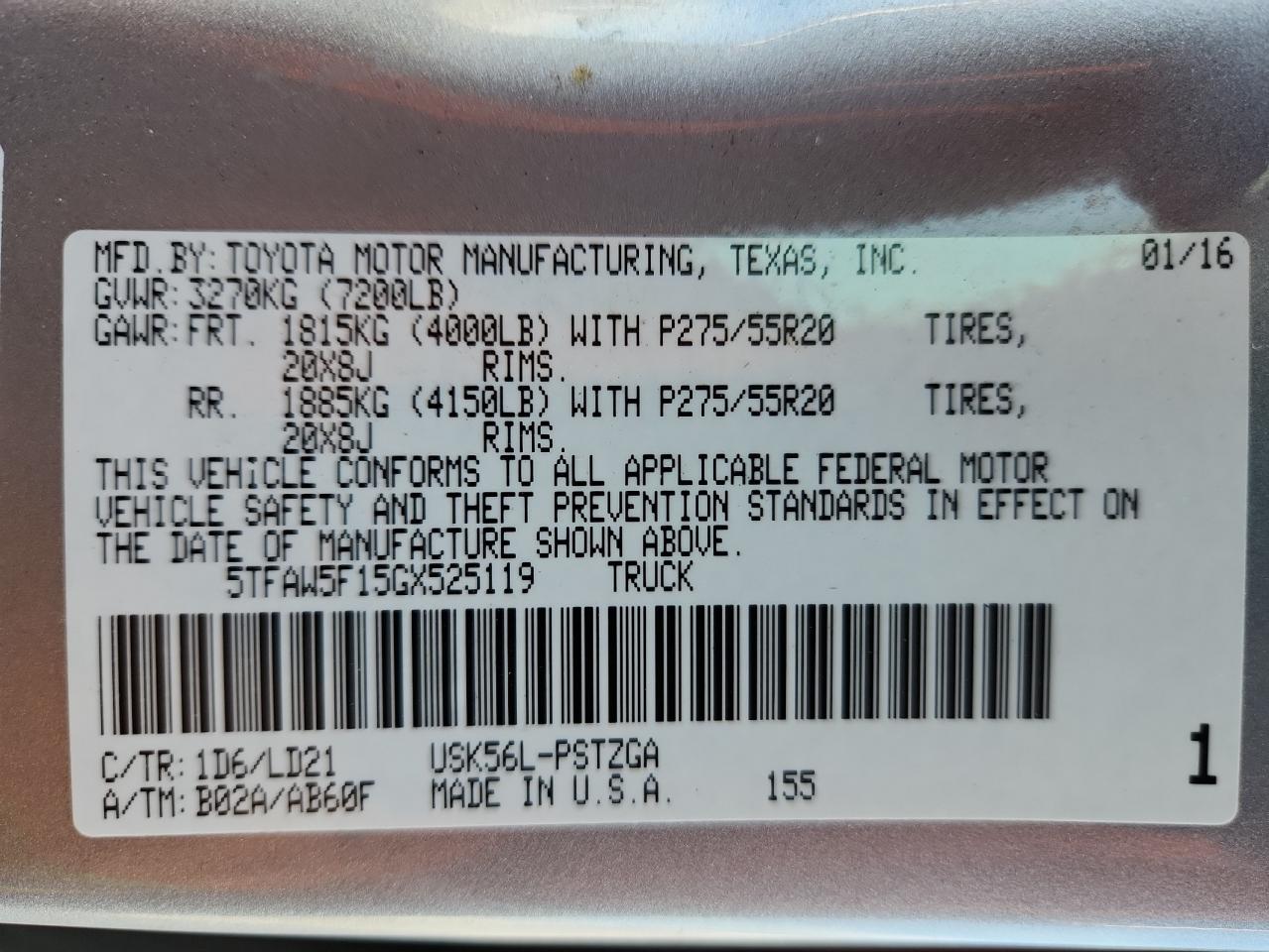 2016 Toyota Tundra Crewmax 1794 VIN: 5TFAW5F15GX525119 Lot: 81858065