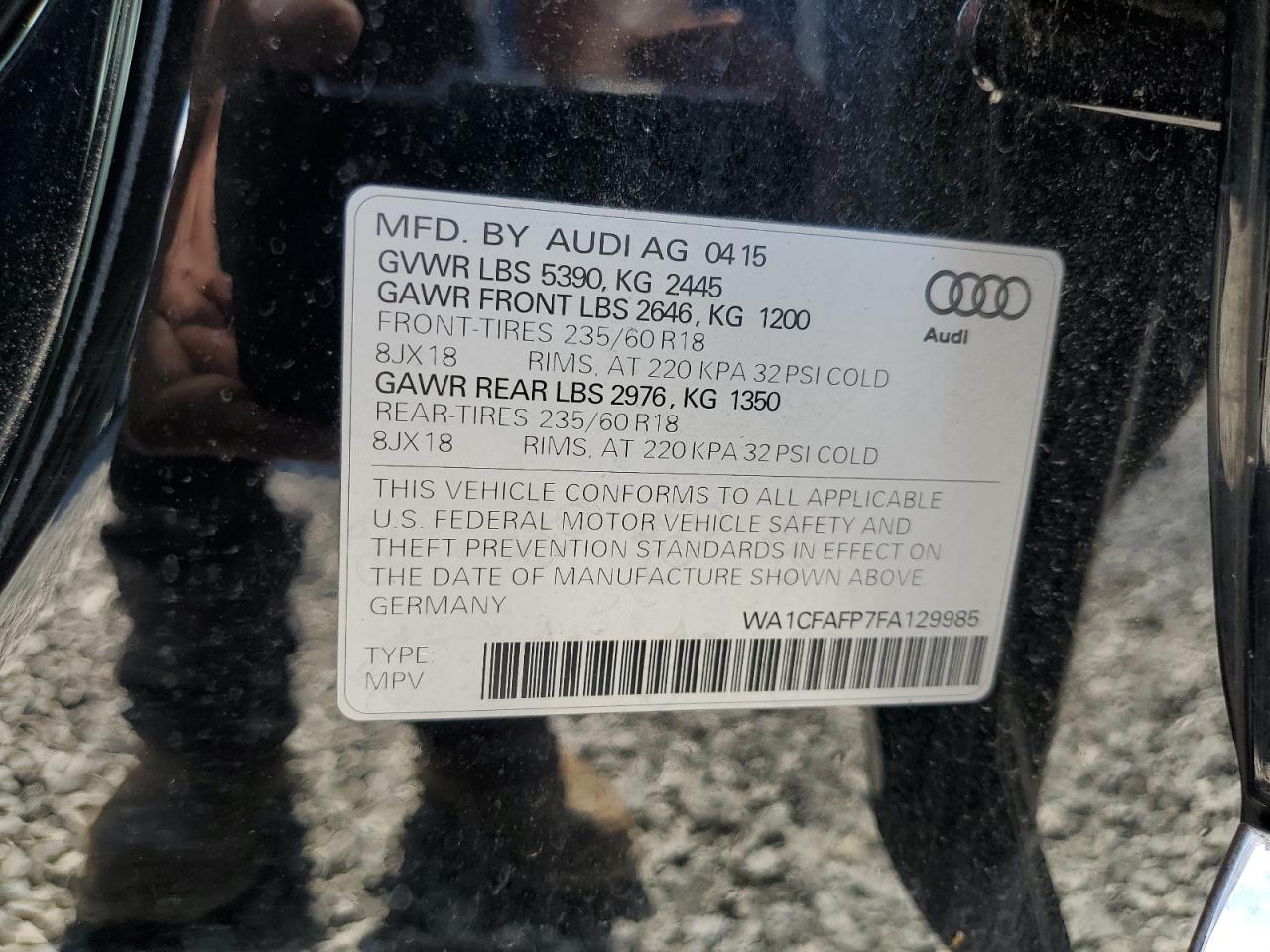 2015 Audi Q5 Premium VIN: WA1CFAFP7FA129985 Lot: 87381085