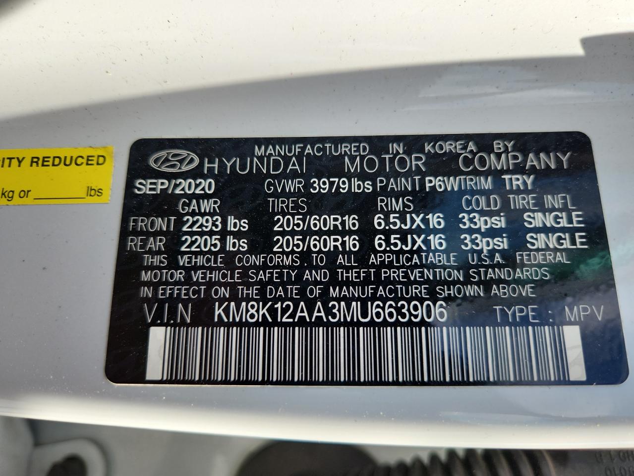 2021 Hyundai Kona Se VIN: KM8K12AA3MU663906 Lot: 80806825