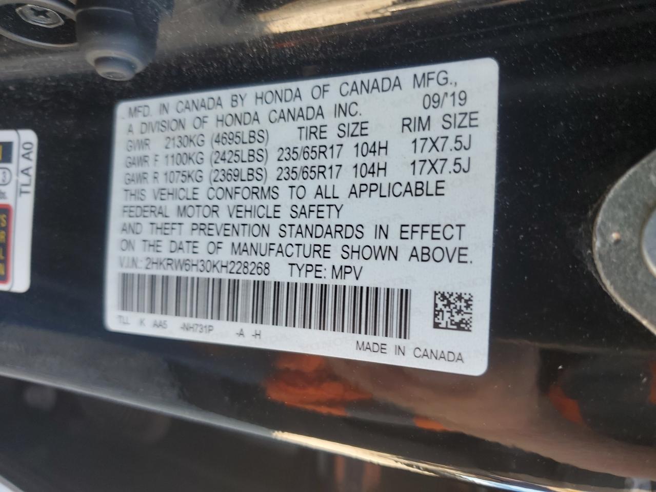 2019 Honda Cr-V Lx VIN: 2HKRW6H30KH228268 Lot: 80389635