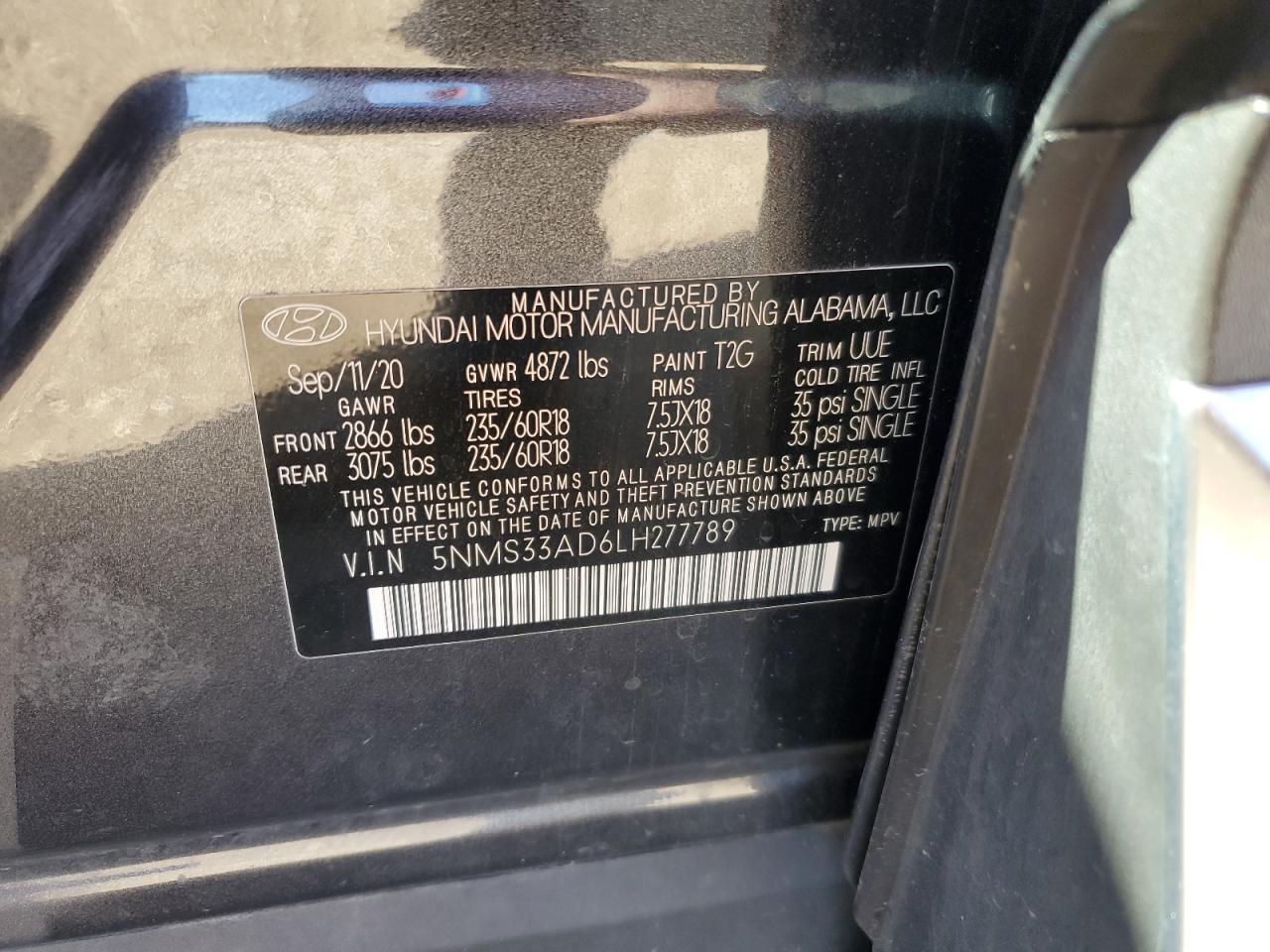 2020 Hyundai Santa Fe Sel VIN: 5NMS33AD6LH277789 Lot: 71029125