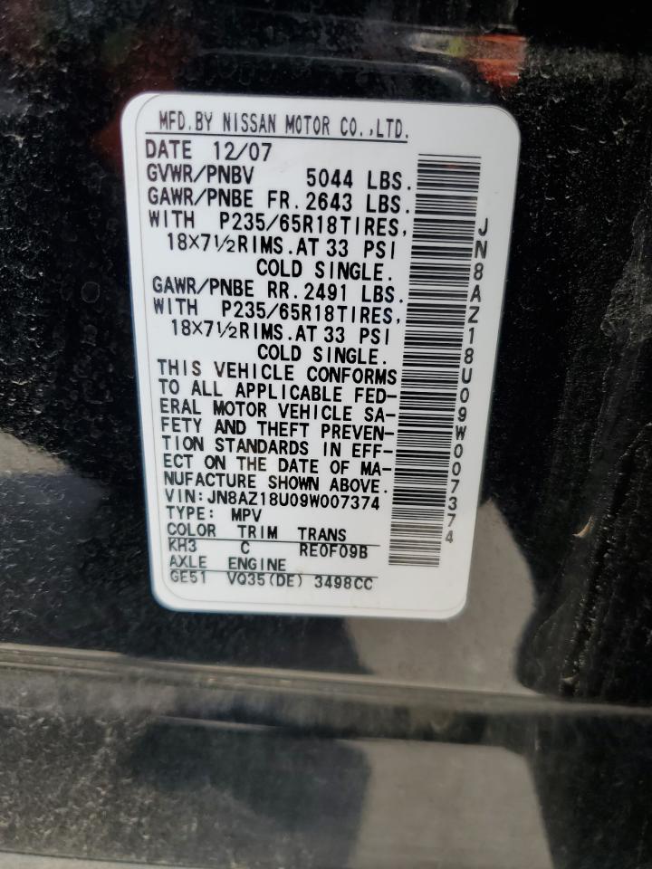 2009 Nissan Murano S VIN: JN8AZ18U09W007374 Lot: 72028995