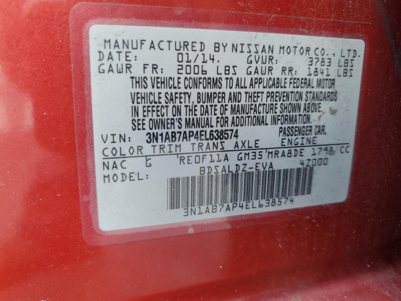 2014 Nissan Sentra S VIN: 3N1AB7AP4EL638574 Lot: 80105365