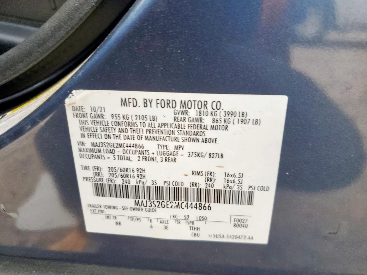 2021 Ford Ecosport Se VIN: MAJ3S2GE2MC444866 Lot: 71441475