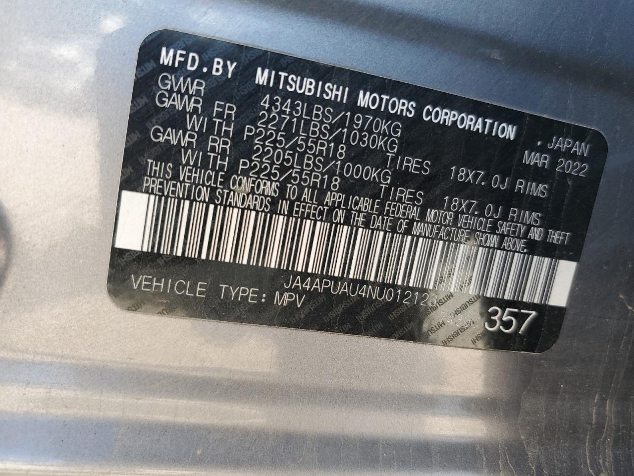 2022 Mitsubishi Outlander Sport Es VIN: JA4APUAU4NU012123 Lot: 80654585
