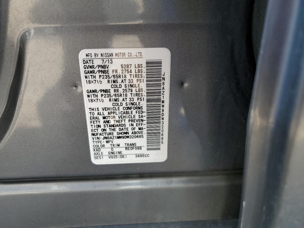 2013 Nissan Murano S VIN: JN8AZ1MW9DW320665 Lot: 71556035