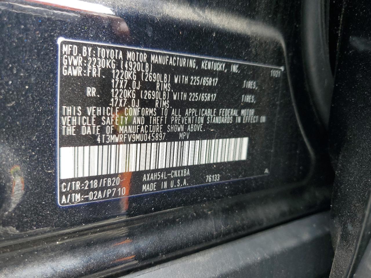 2021 Toyota Rav4 Le VIN: 4T3MWRFV9MU045897 Lot: 82065505