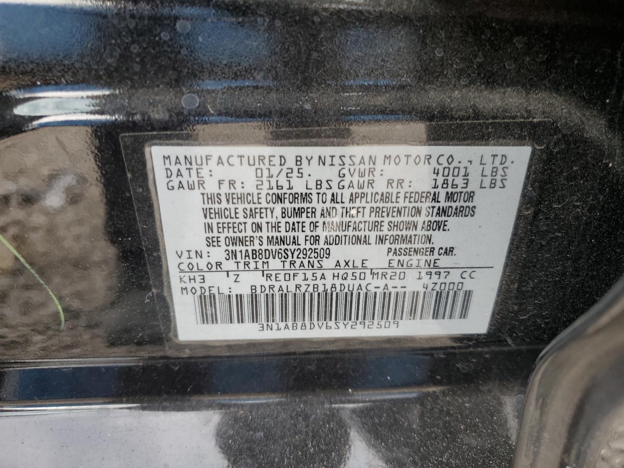 2025 Nissan Sentra Sr VIN: 3N1AB8DV6SY292509 Lot: 84176555