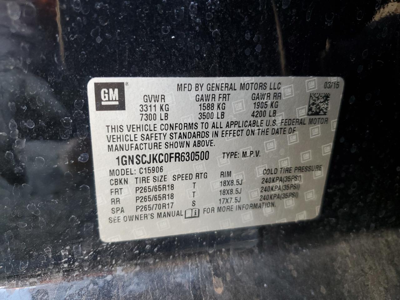 2015 Chevrolet Suburban C1500 Lt VIN: 1GNSCJKC0FR630500 Lot: 80013965