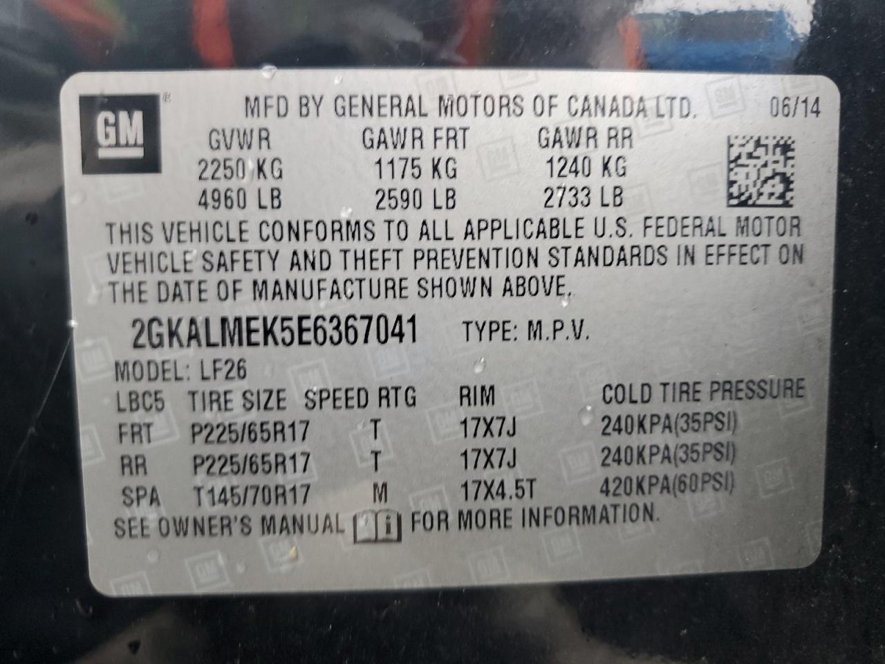 2014 GMC Terrain Sle VIN: 2GKALMEK5E6367041 Lot: 80796465