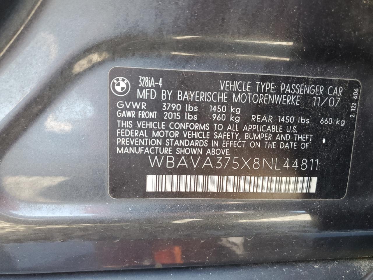 2008 BMW 328 I VIN: WBAVA375X8NL44811 Lot: 81449545