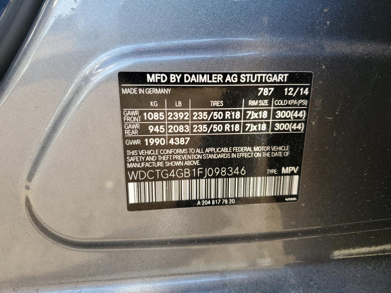 2015 Mercedes-Benz Gla 250 4Matic VIN: WDCTG4GB1FJ098346 Lot: 81094635