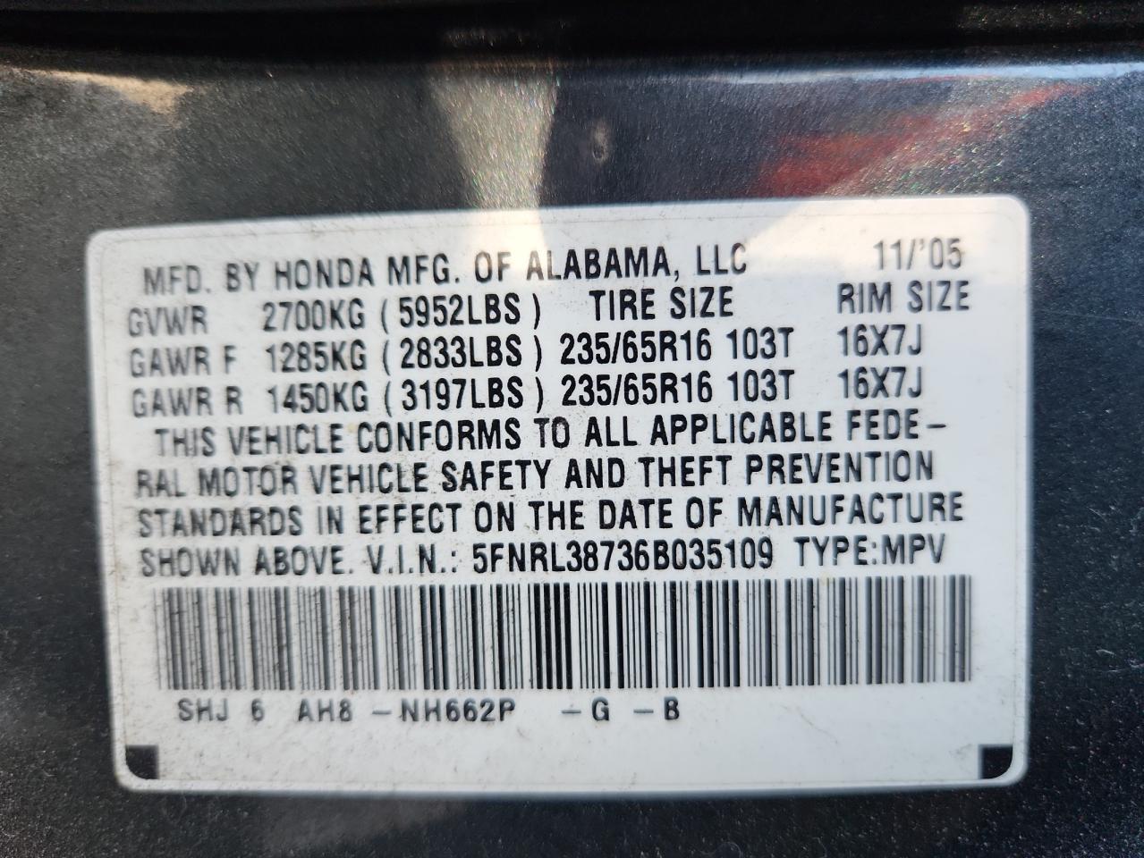 2006 Honda Odyssey Exl VIN: 5FNRL38736B035109 Lot: 80086735