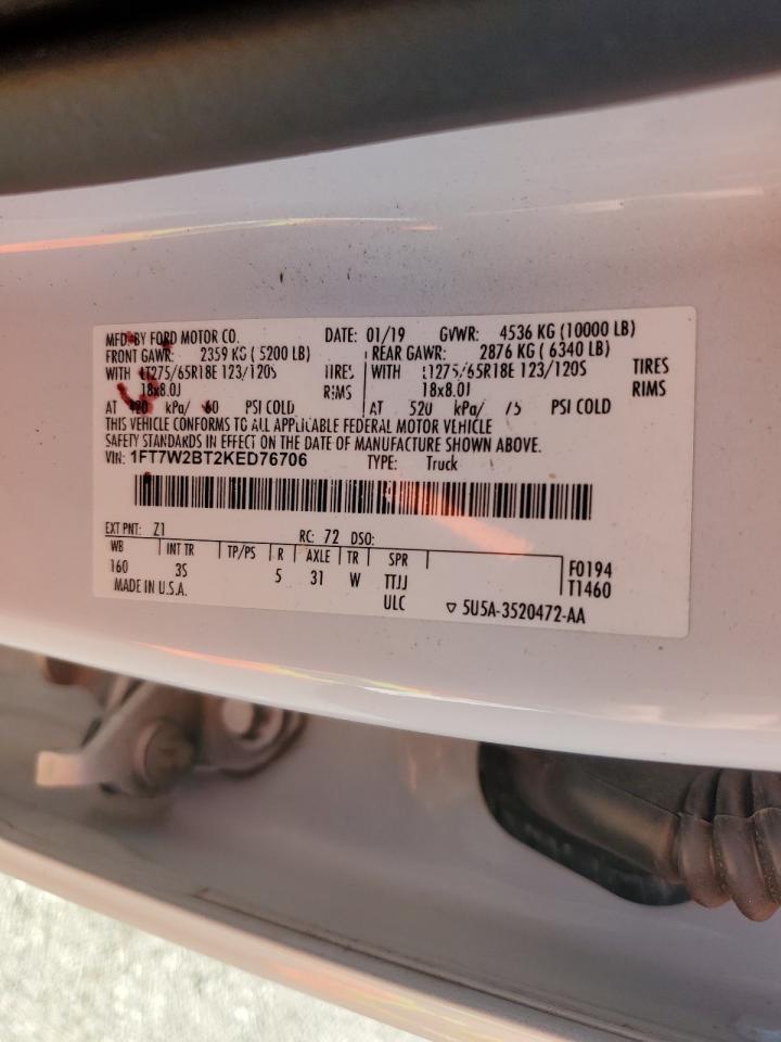 2019 Ford F250 Super Duty VIN: 1FT7W2BT2KED76706 Lot: 72085845