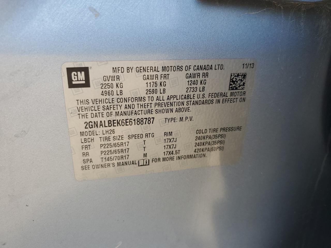 2014 Chevrolet Equinox Lt VIN: 2GNALBEK6E6188787 Lot: 80629045