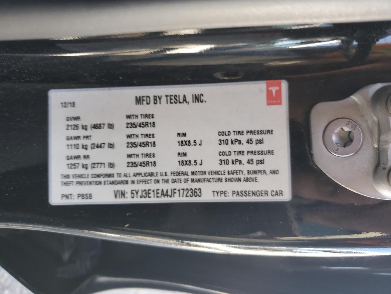 2018 Tesla Model 3 VIN: 5YJ3E1EA4JF172363 Lot: 80193945