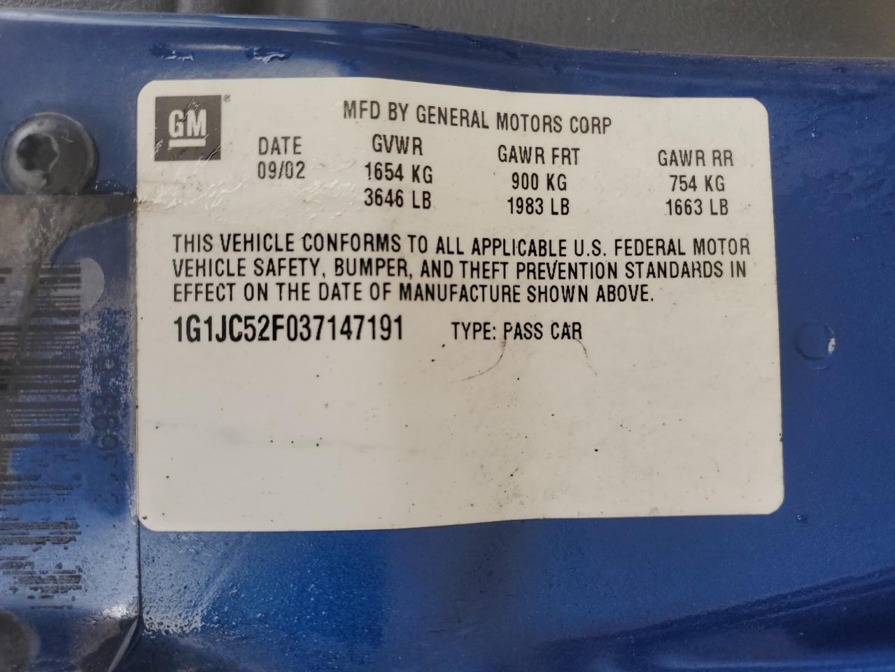 2003 Chevrolet Cavalier VIN: 1G1JC52F037147191 Lot: 83957355