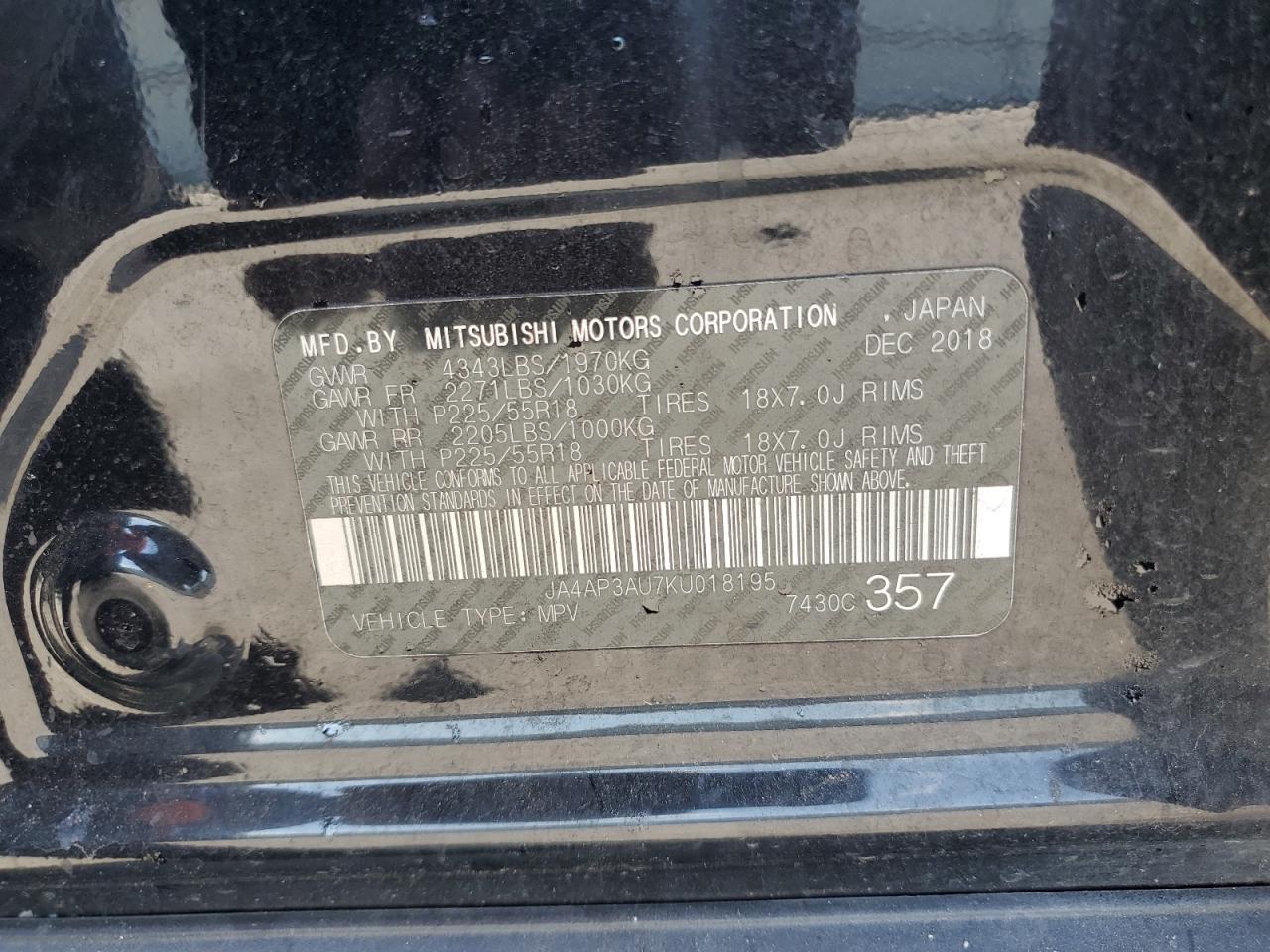 2019 Mitsubishi Outlander Sport Es VIN: JA4AP3AU7KU018195 Lot: 83878525