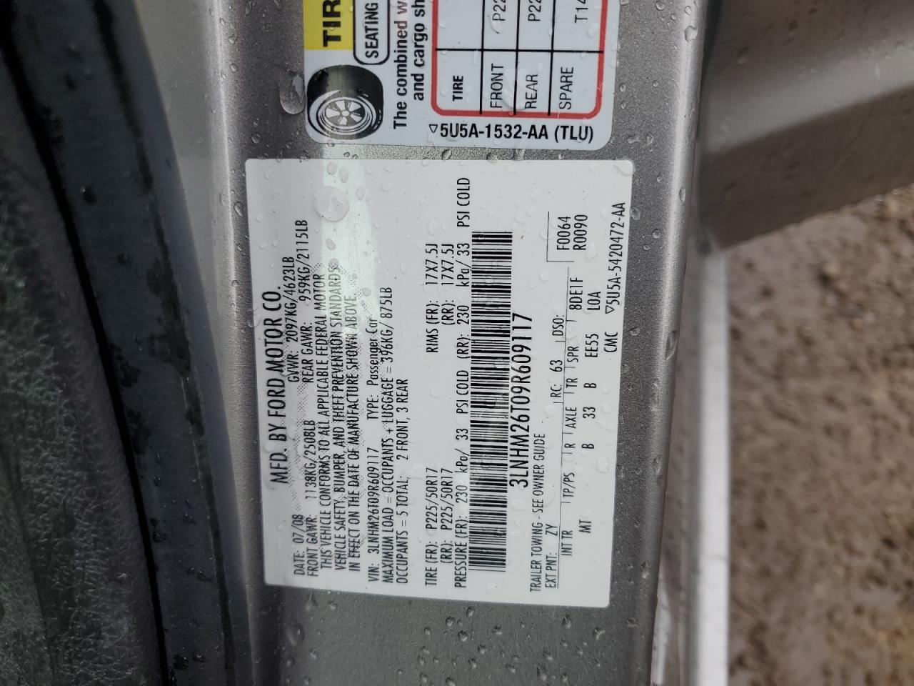 2009 Lincoln Mkz VIN: 3LNHM26T09R609117 Lot: 80505615