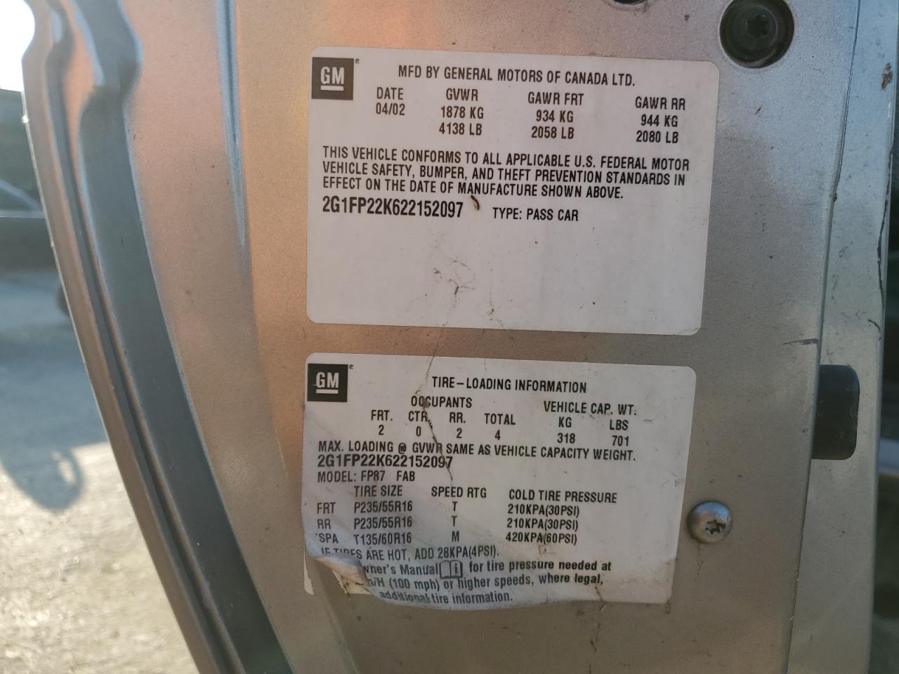 2002 Chevrolet Camaro VIN: 2G1FP22K622152097 Lot: 80735725