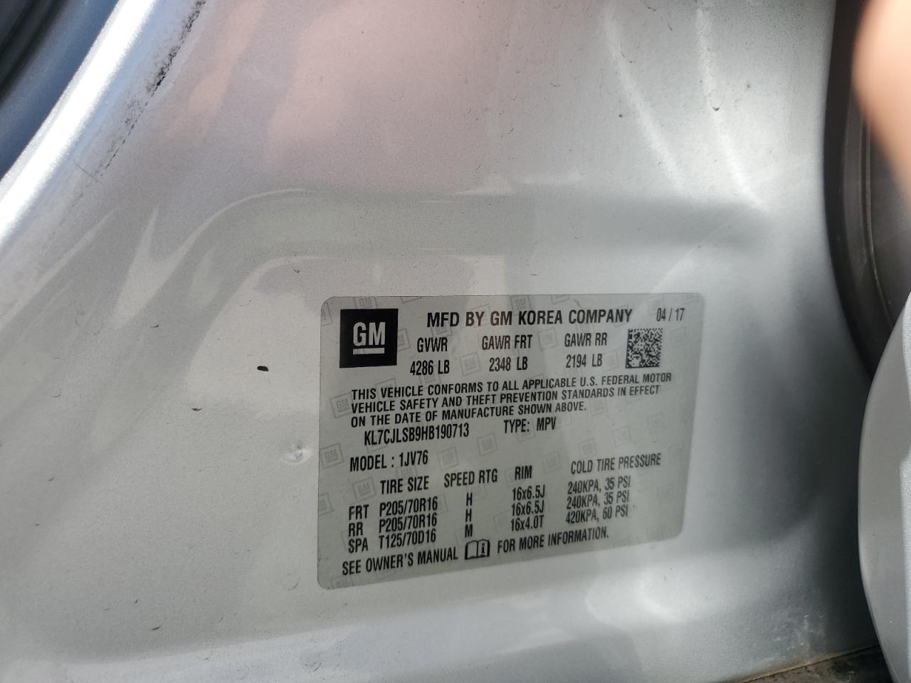 2017 Chevrolet Trax 1Lt VIN: KL7CJLSB9HB190713 Lot: 71185615