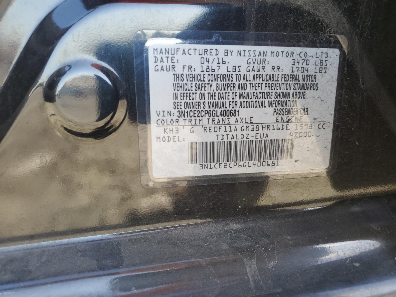 2016 Nissan Versa Note S VIN: 3N1CE2CP6GL400681 Lot: 81719825