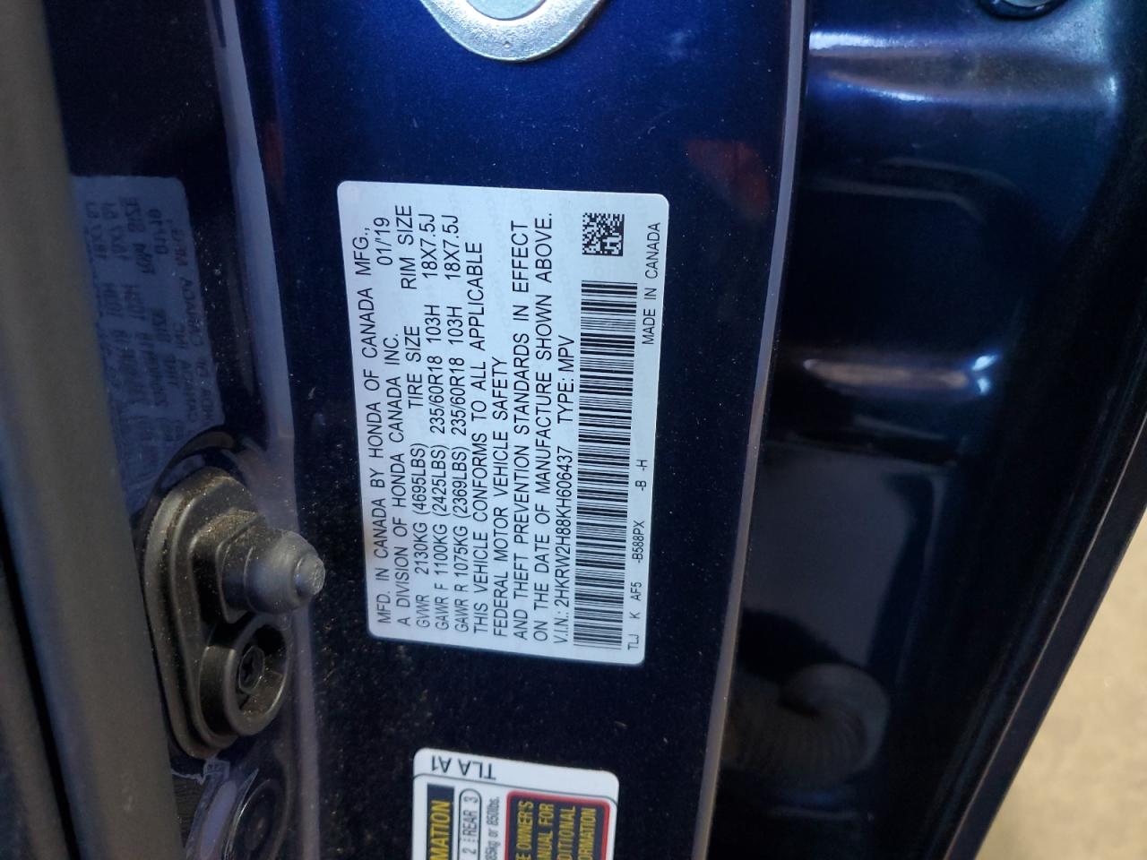 2019 Honda Cr-V Exl VIN: 2HKRW2H88KH606437 Lot: 72072455