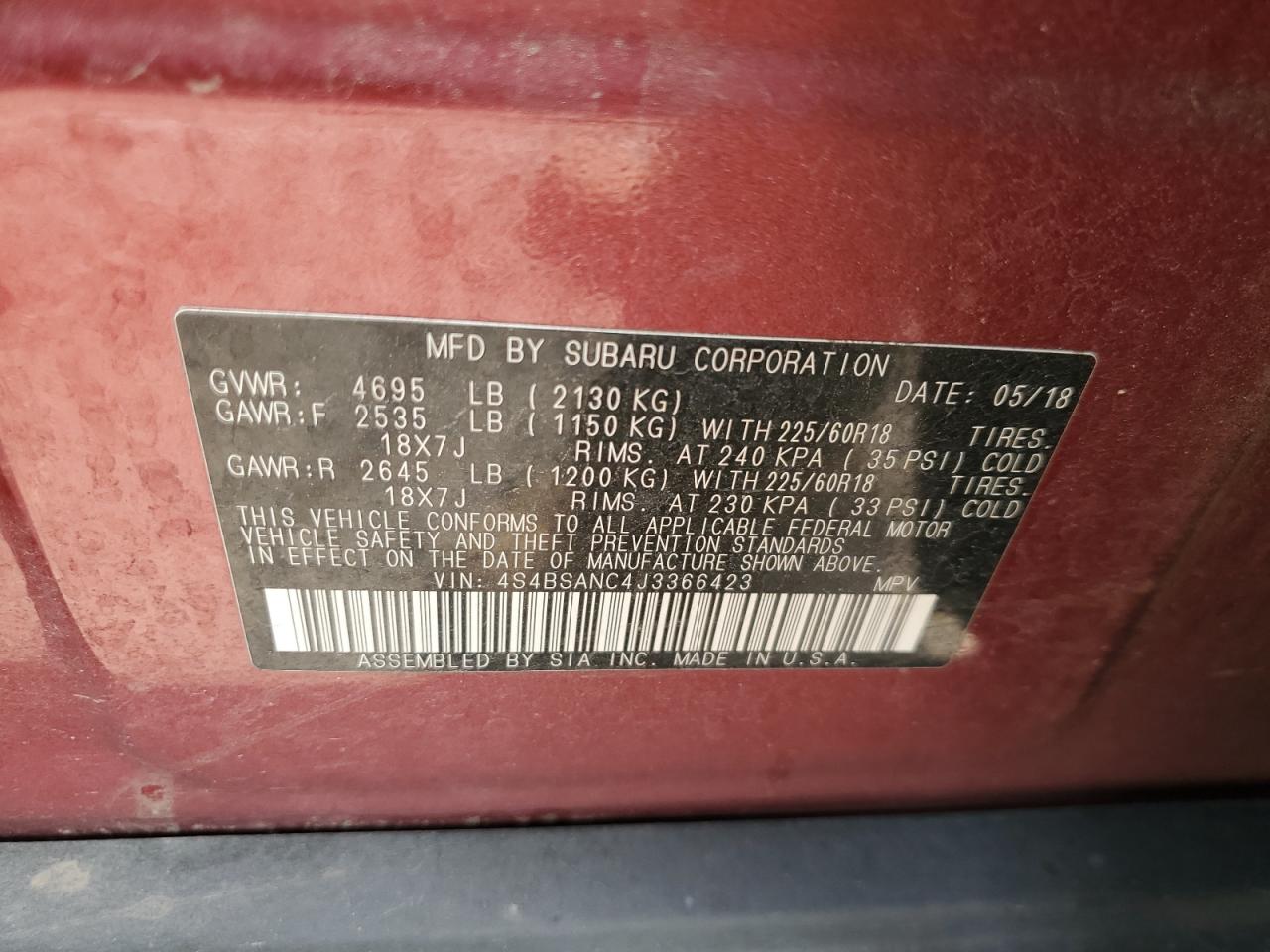 2018 Subaru Outback 2.5I Limited VIN: 4S4BSANC4J3366423 Lot: 71923165