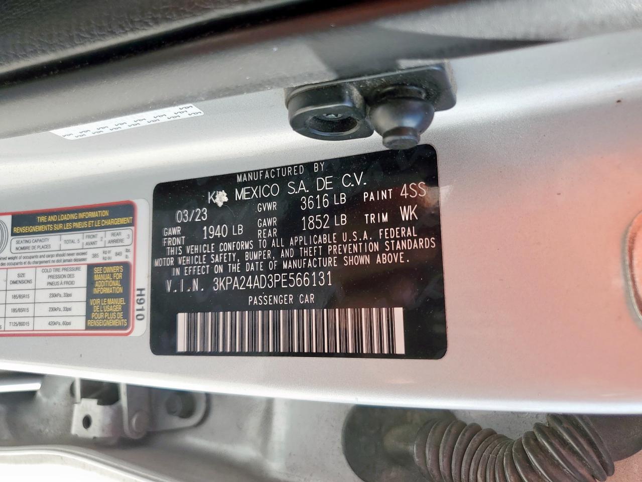 2023 Kia Rio Lx VIN: 3KPA24AD3PE566131 Lot: 82105265