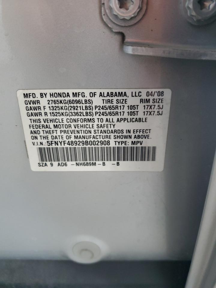 2009 Honda Pilot Touring VIN: 5FNYF48929B002908 Lot: 81255035