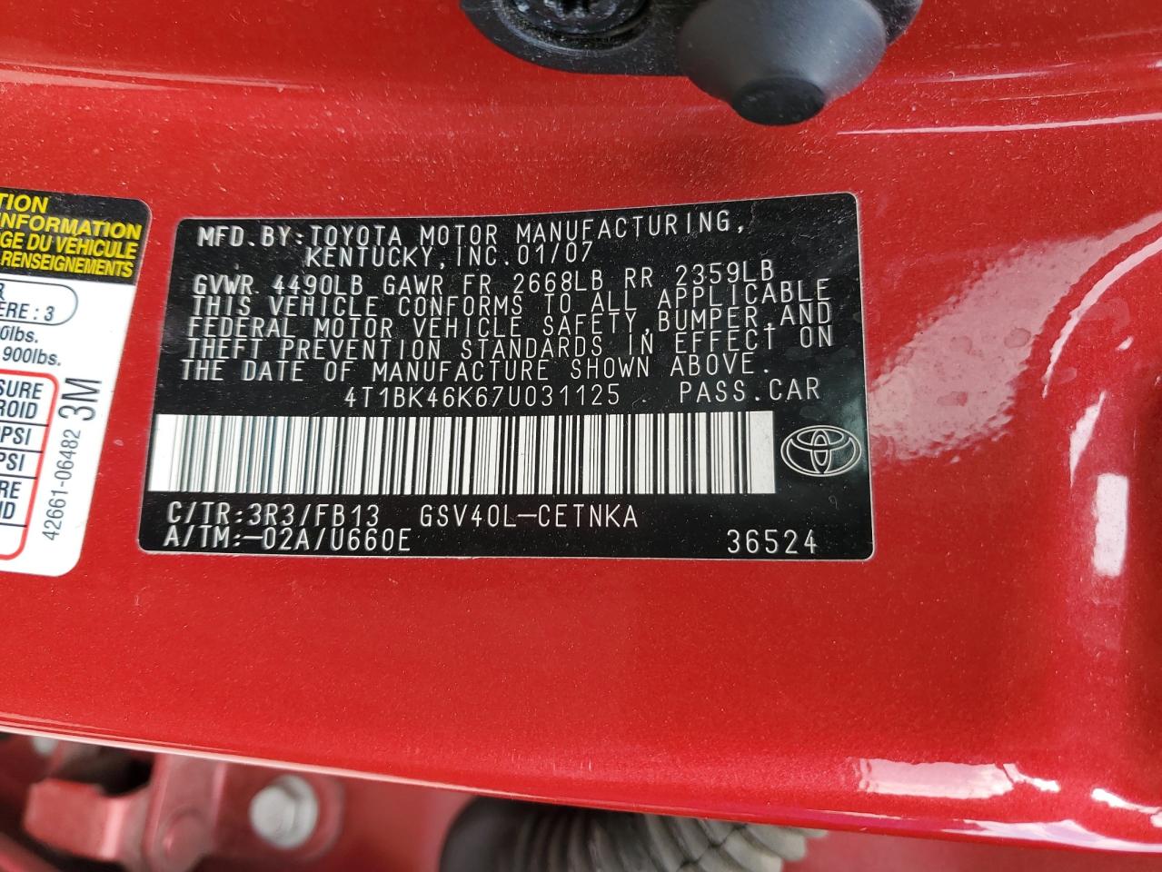 2007 Toyota Camry Le VIN: 4T1BK46K67U031125 Lot: 71126365