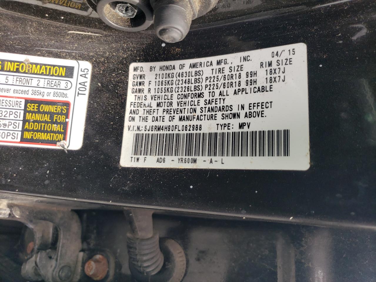 2015 Honda Cr-V Touring VIN: 5J6RM4H90FL062988 Lot: 81369135