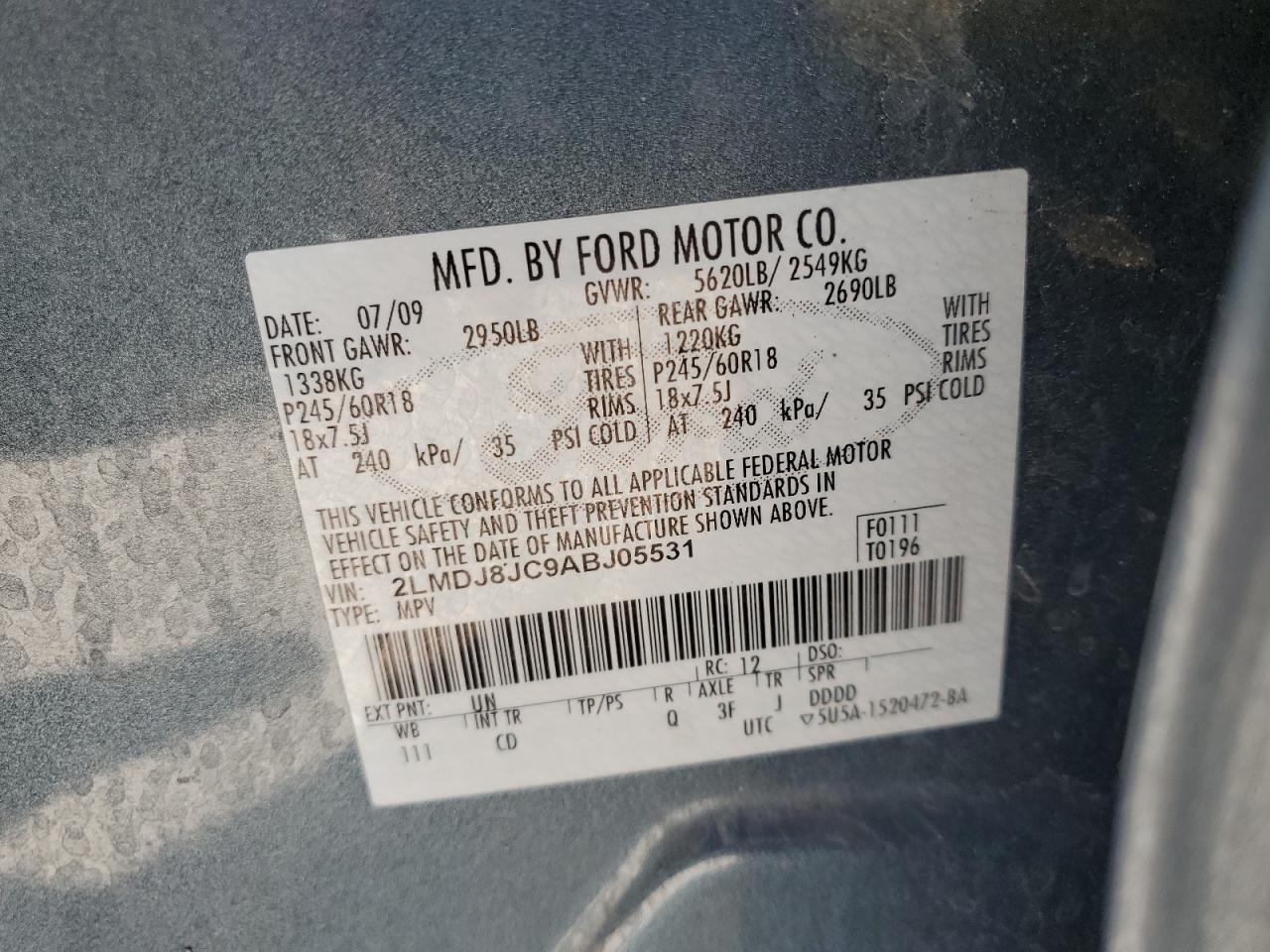 2010 Lincoln Mkx VIN: 2LMDJ8JC9ABJ05531 Lot: 71804775