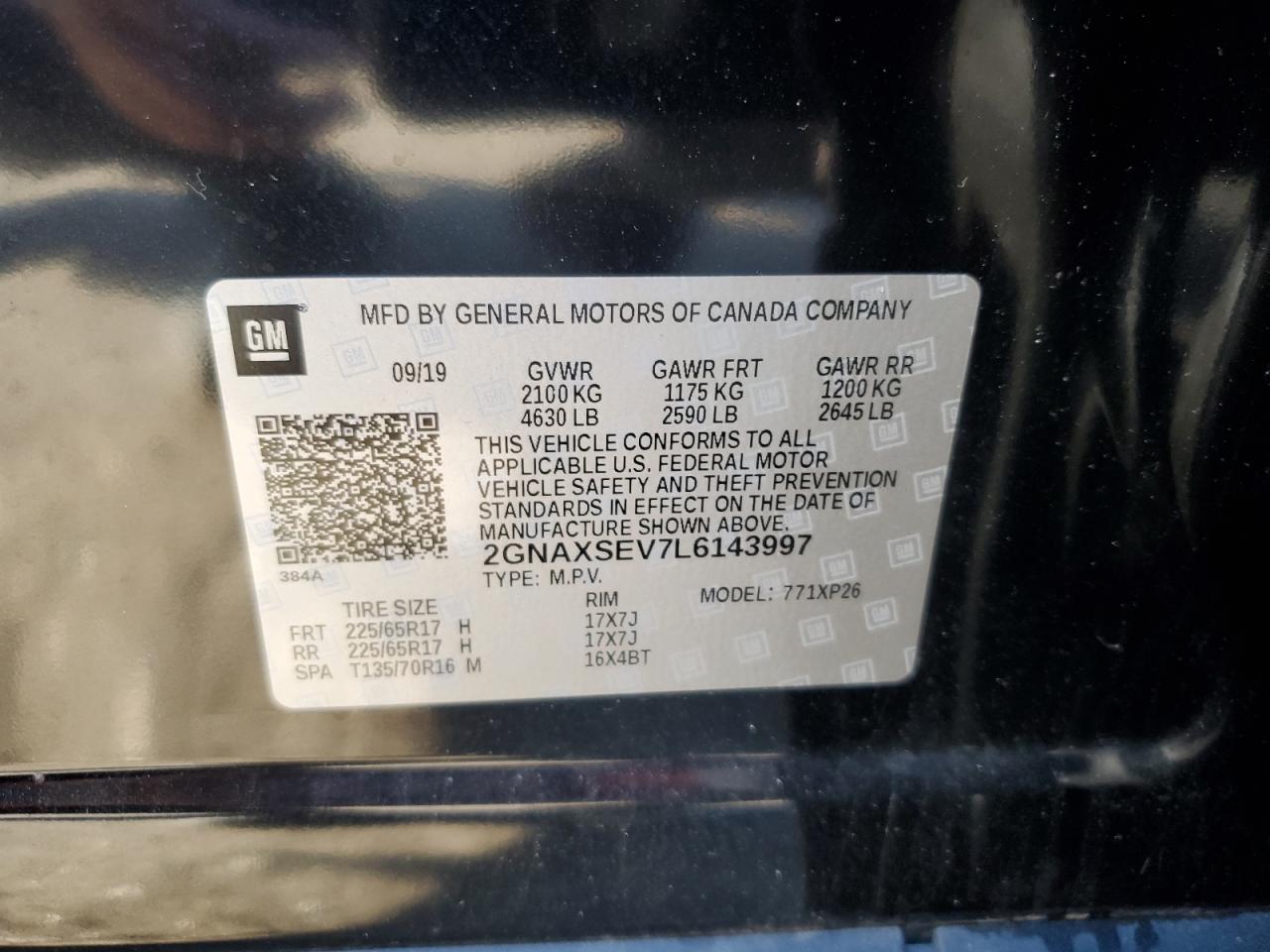 2020 Chevrolet Equinox Ls VIN: 2GNAXSEV7L6143997 Lot: 72020385