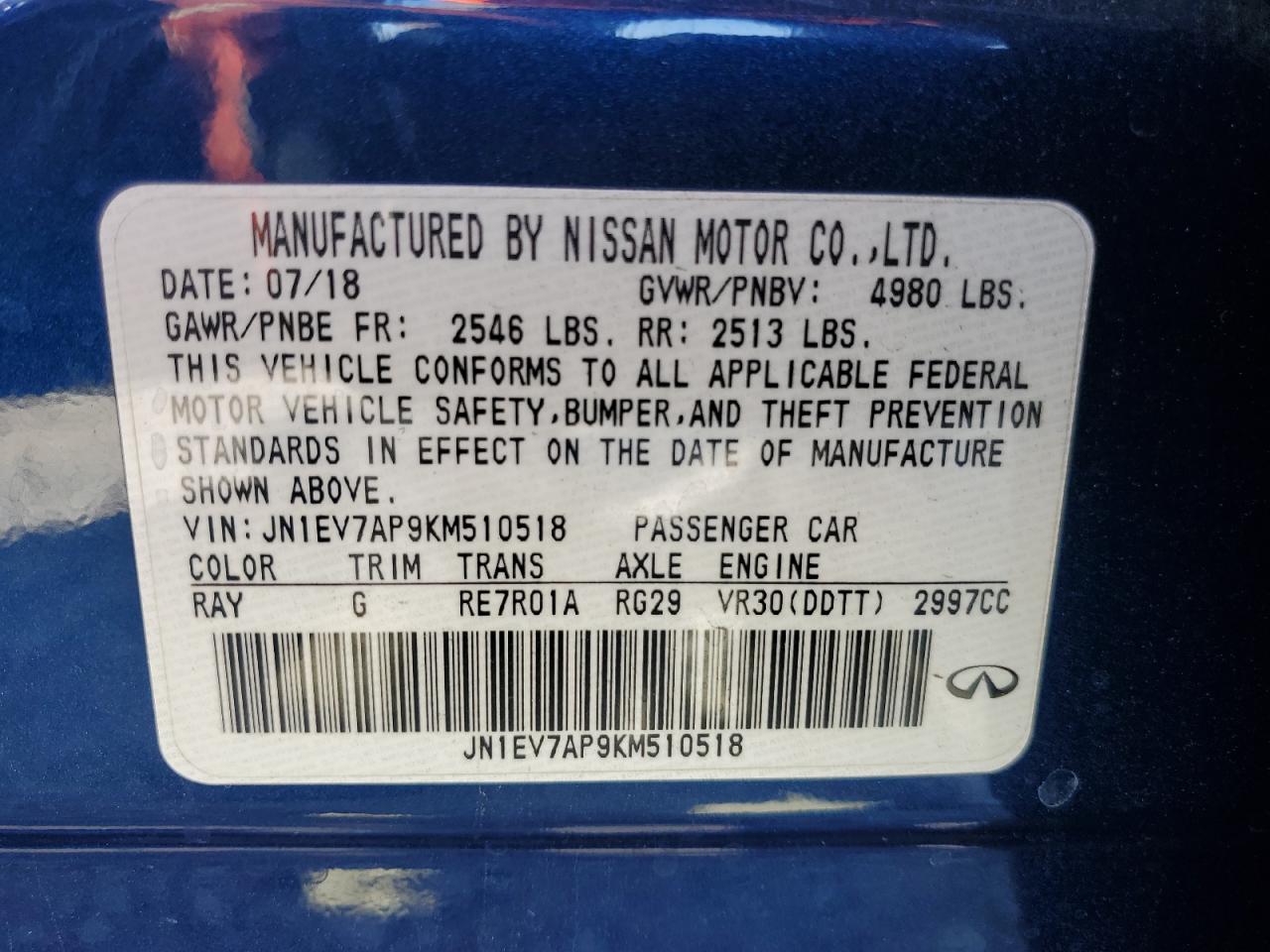 2019 Infiniti Q50 Luxe VIN: JN1EV7AP9KM510518 Lot: 71447295