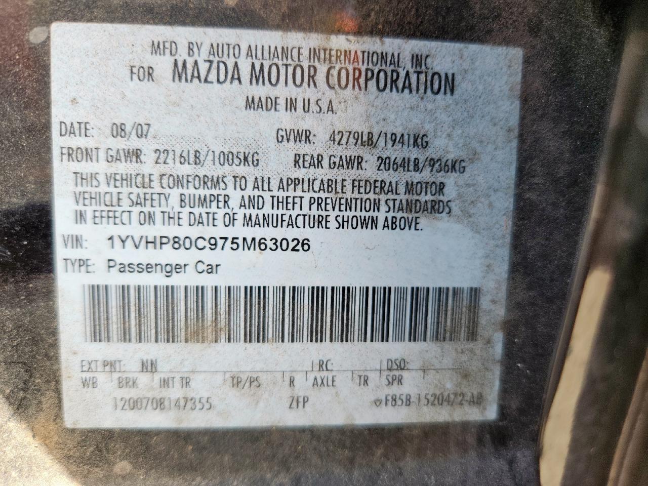 2007 Mazda 6 I VIN: 1YVHP80C975M63026 Lot: 84221945