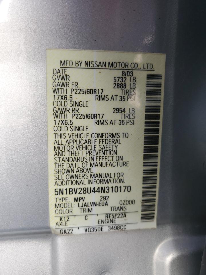 2004 Nissan Quest S VIN: 5N1BV28U44N310170 Lot: 81914125