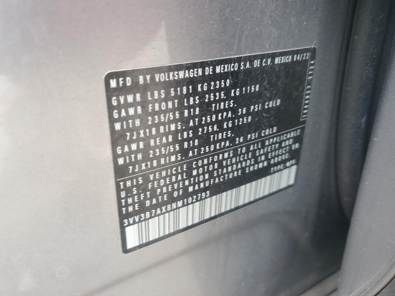 2022 Volkswagen Tiguan Se VIN: 3VV3B7AX8NM102793 Lot: 83965595