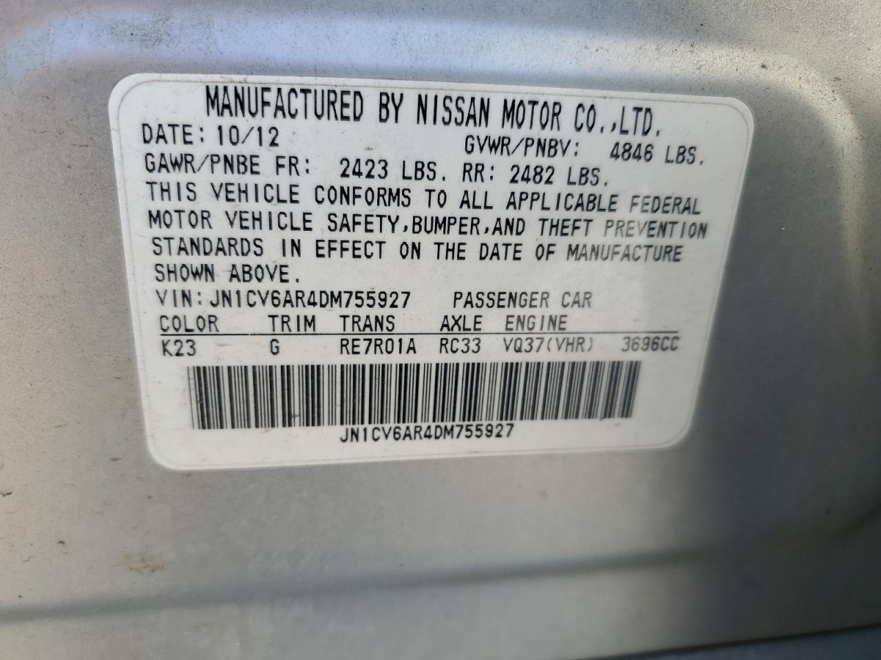 2013 Infiniti G37 VIN: JN1CV6AR4DM755927 Lot: 71193145